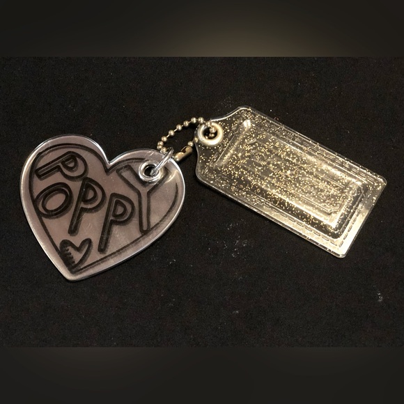 COACH POPPY & CLEAR PLASTIC GLITTER KEY FOB CHARMS KEYCHAIN HANGTAG 3.5” - Picture 7 of 8